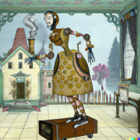 DALL·E 2022-12-01 09.36.42 - a pregnant woman, a robot home, pollens, animations from the early 1900s.png