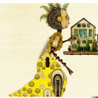 DALL·E 2022-12-01 09.37.57 - Wangechi Mutu, a pregnant woman, a robot home, pollens, animations from the early 1900s.png