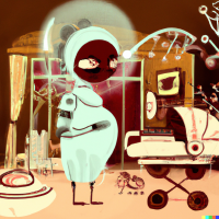 DALL·E 2022-12-01 09.39.06 - afrofuturism, a pregnant woman, a robot home, pollens, animations from the early 1900s.png