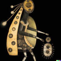 DALL·E 2022-12-01 09.38.18 - Wangechi Mutu, a pregnant woman, a robot home, pollens, animations from the early 1900s.png