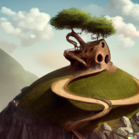 DALL·E 2022-12-05 12.13.06 - A photorealistic tree house on a mountain, a crooked path leading towards it.png