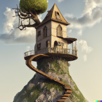 DALL·E 2022-12-05 12.12.58 - A photorealistic tree house on a mountain, a crooked path leading towards it.png