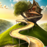 DALL·E 2022-12-05 12.12.43 - A photorealistic tree house on a mountain, a crooked path leading towards it.png